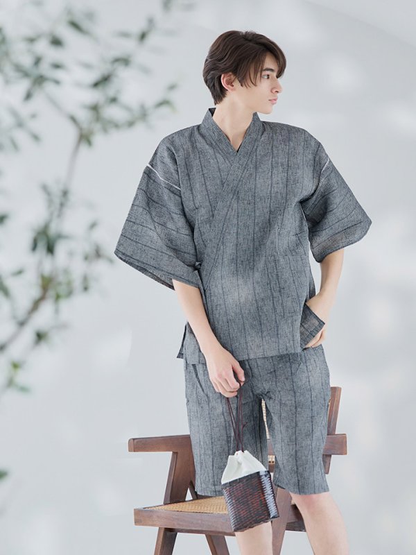 画像11: 【即日発送】【メンズ甚平】グレー地に縞模様甚平【甚平2点セット 甚平/下駄】[YMT]