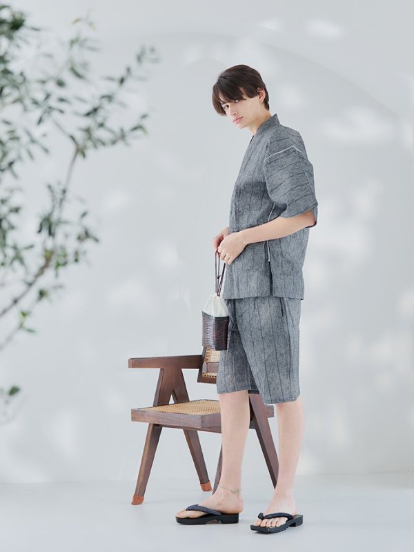 画像7: 【即日発送】【メンズ甚平】グレー地に縞模様甚平【甚平2点セット 甚平/下駄】[YMT]