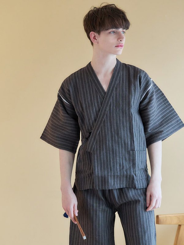 画像3: 【即日発送】【メンズ甚平】黒地にストライプのメンズ甚平【甚平2点セット 甚平/下駄】[YMT]