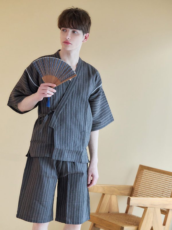 画像5: 【即日発送】【メンズ甚平】黒地にストライプのメンズ甚平【甚平2点セット 甚平/下駄】[YMT]