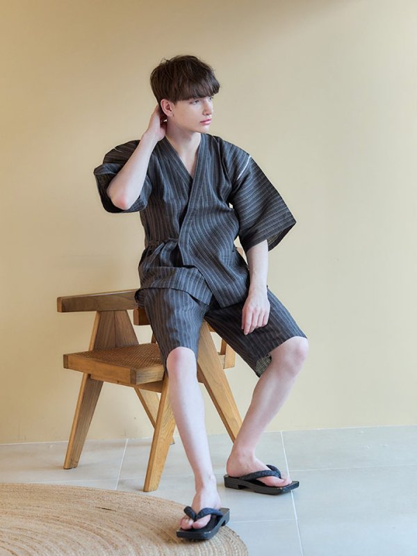 画像6: 【即日発送】【メンズ甚平】黒地にストライプのメンズ甚平【甚平2点セット 甚平/下駄】[YMT]