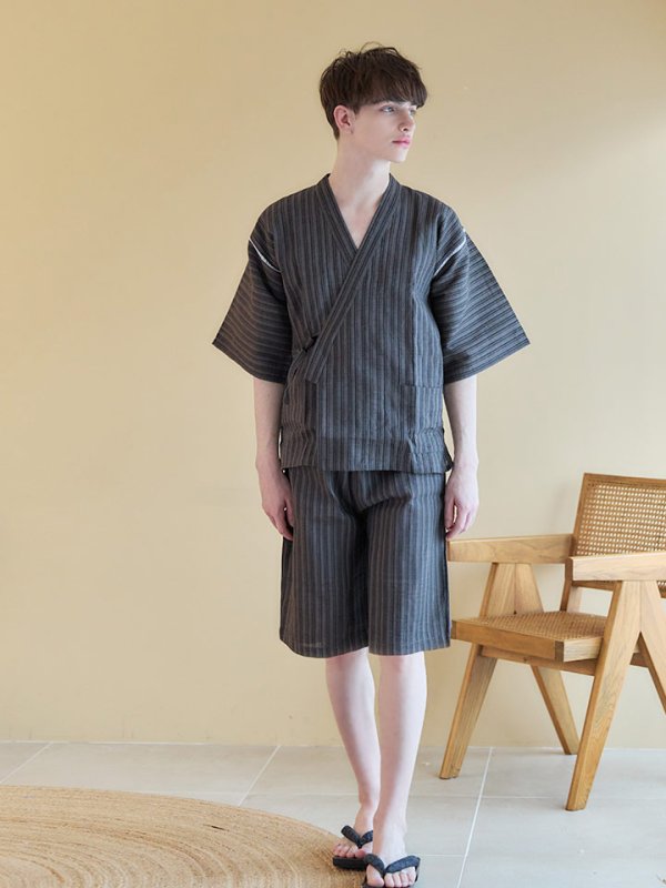 画像4: 【即日発送】【メンズ甚平】黒地にストライプのメンズ甚平【甚平2点セット 甚平/下駄】[YMT]