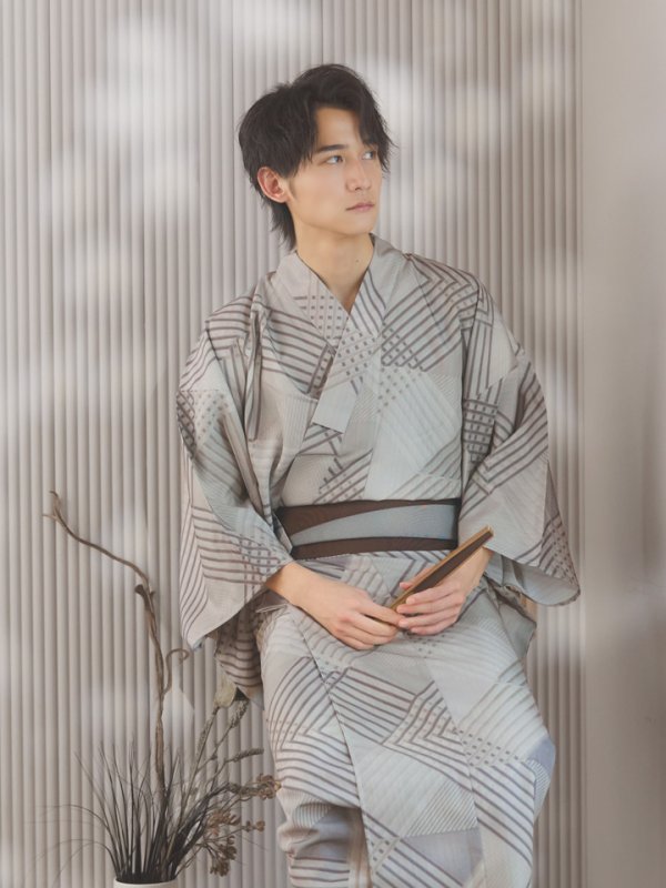 画像10: 【即日発送！】【メンズ浴衣】ベージュ幾何学的模様浴衣【浴衣３点セット 浴衣/帯/下駄】[YMT]