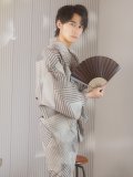 【即日発送！】【メンズ浴衣】ベージュ幾何学的模様浴衣【浴衣・帯・下駄セット】OBI-MS-002-wk-4-WR [YMT]