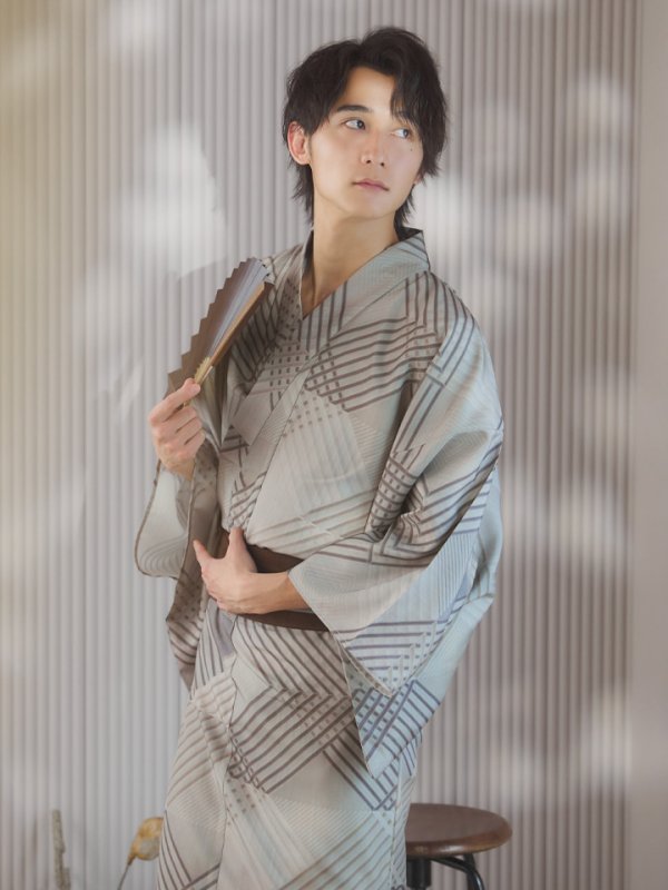 画像8: 【即日発送！】【メンズ浴衣】ベージュ幾何学的模様浴衣【浴衣３点セット 浴衣/帯/下駄】[YMT]