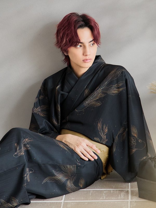 画像10: 【即日発送！】【メンズ浴衣】ブラック×シンプル金魚浴衣【浴衣３点セット 浴衣/帯/下駄】[YMT]