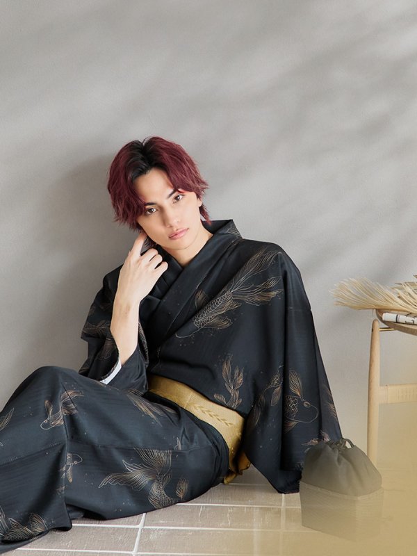 画像12: 【即日発送！】【メンズ浴衣】ブラック×シンプル金魚浴衣【浴衣３点セット 浴衣/帯/下駄】[YMT]