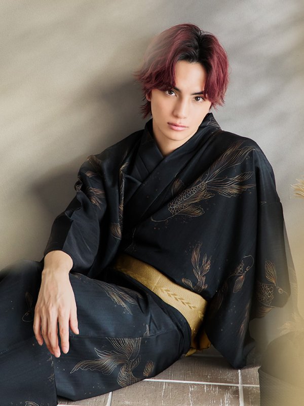 画像3: 【即日発送！】【メンズ浴衣】ブラック×シンプル金魚浴衣【浴衣３点セット 浴衣/帯/下駄】[YMT]