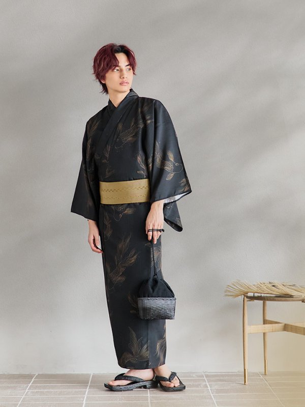 画像6: 【即日発送！】【メンズ浴衣】ブラック×シンプル金魚浴衣【浴衣３点セット 浴衣/帯/下駄】[YMT]