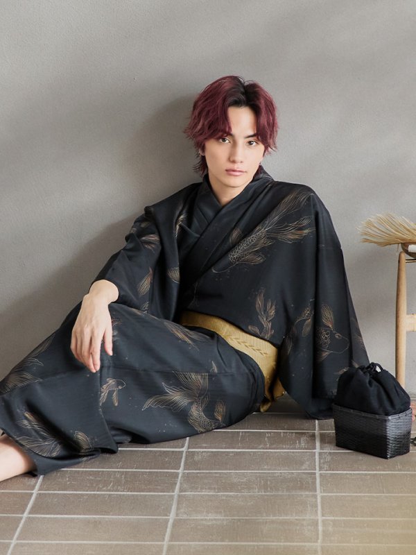 画像7: 【即日発送！】【メンズ浴衣】ブラック×シンプル金魚浴衣【浴衣３点セット 浴衣/帯/下駄】[YMT]