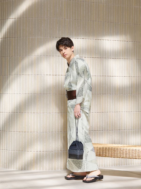 画像10: 【即日発送！】【メンズ浴衣】カーキグリーン幾何学的模様浴衣【浴衣３点セット 浴衣/帯/下駄】[YMT]