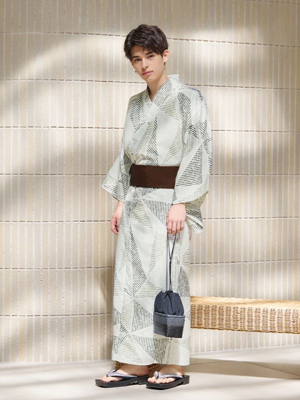 画像6: 【即日発送！】【メンズ浴衣】カーキグリーン幾何学的模様浴衣【浴衣３点セット 浴衣/帯/下駄】[YMT]