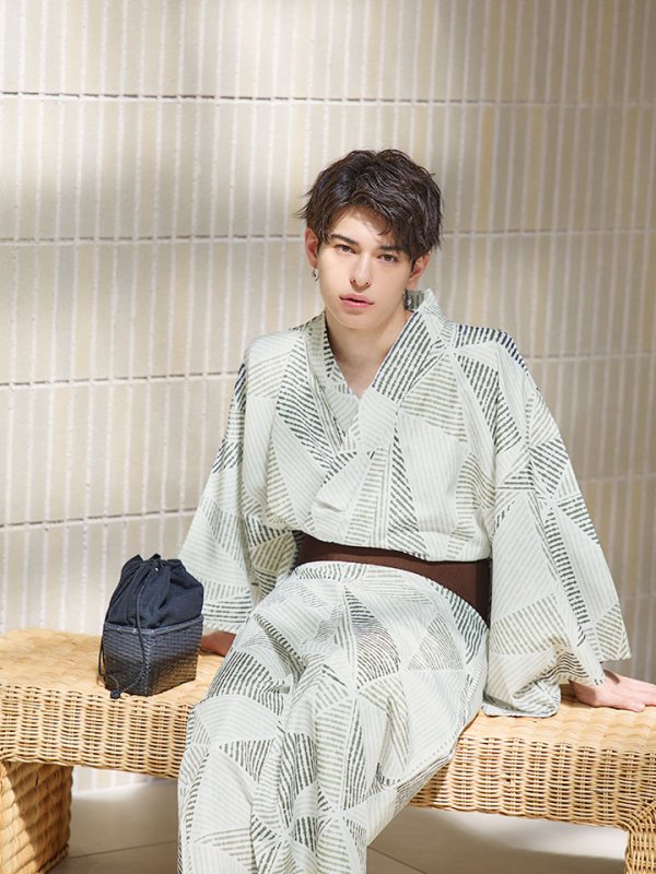 画像7: 【即日発送！】【メンズ浴衣】カーキグリーン幾何学的模様浴衣【浴衣３点セット 浴衣/帯/下駄】[YMT]