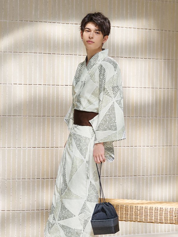 画像8: 【即日発送！】【メンズ浴衣】カーキグリーン幾何学的模様浴衣【浴衣３点セット 浴衣/帯/下駄】[YMT]