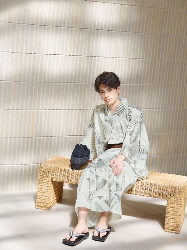 画像9: 【即日発送！】【メンズ浴衣】カーキグリーン幾何学的模様浴衣【浴衣３点セット 浴衣/帯/下駄】[YMT]