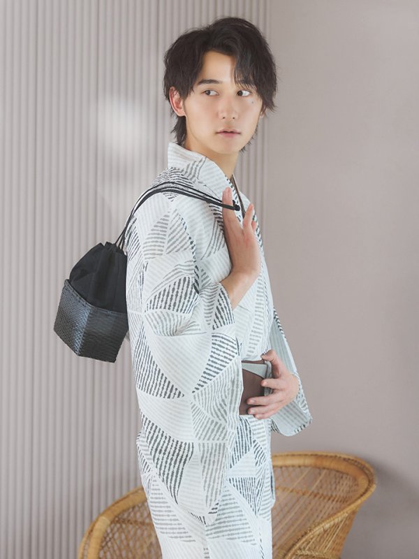 画像11: 【即日発送！】【メンズ浴衣】カーキグリーン幾何学的模様浴衣【浴衣３点セット 浴衣/帯/下駄】[YMT]