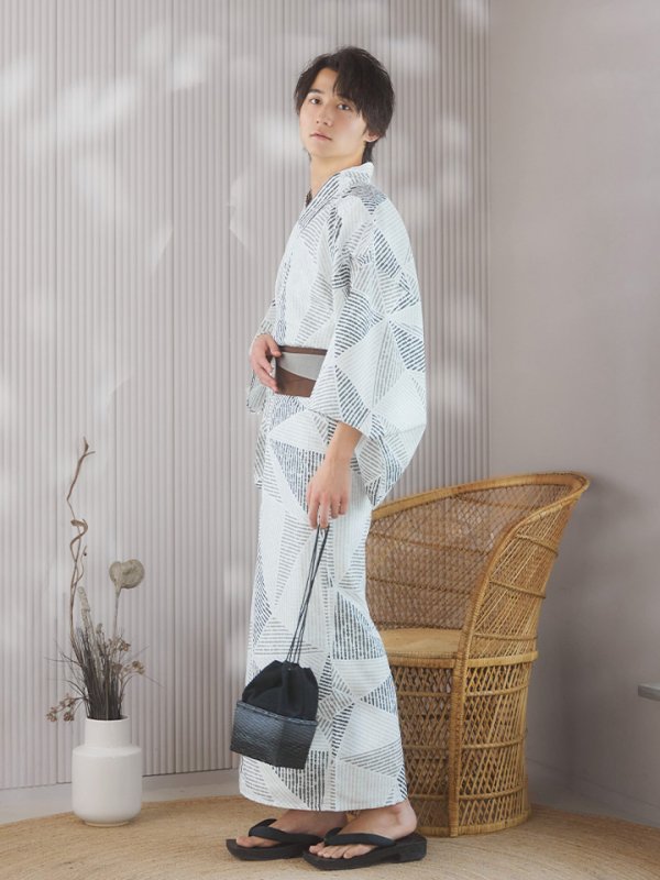 画像6: 【即日発送！】【メンズ浴衣】カーキグリーン幾何学的模様浴衣【浴衣３点セット 浴衣/帯/下駄】[YMT]