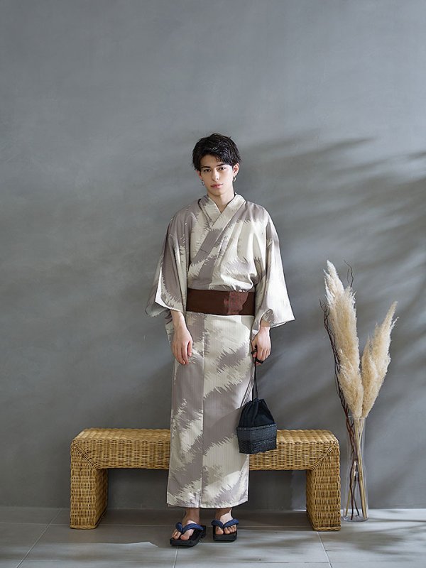 画像12: 【即日発送！】【メンズ浴衣】グレージュモザイク柄浴衣【浴衣３点セット 浴衣/帯/下駄】[YMT]