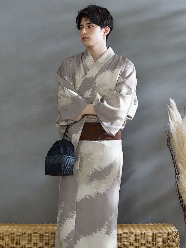 画像3: 【即日発送！】【メンズ浴衣】グレージュモザイク柄浴衣【浴衣３点セット 浴衣/帯/下駄】[YMT]