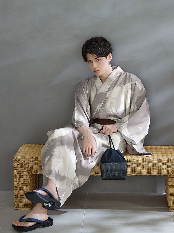 画像6: 【即日発送！】【メンズ浴衣】グレージュモザイク柄浴衣【浴衣３点セット 浴衣/帯/下駄】[YMT]