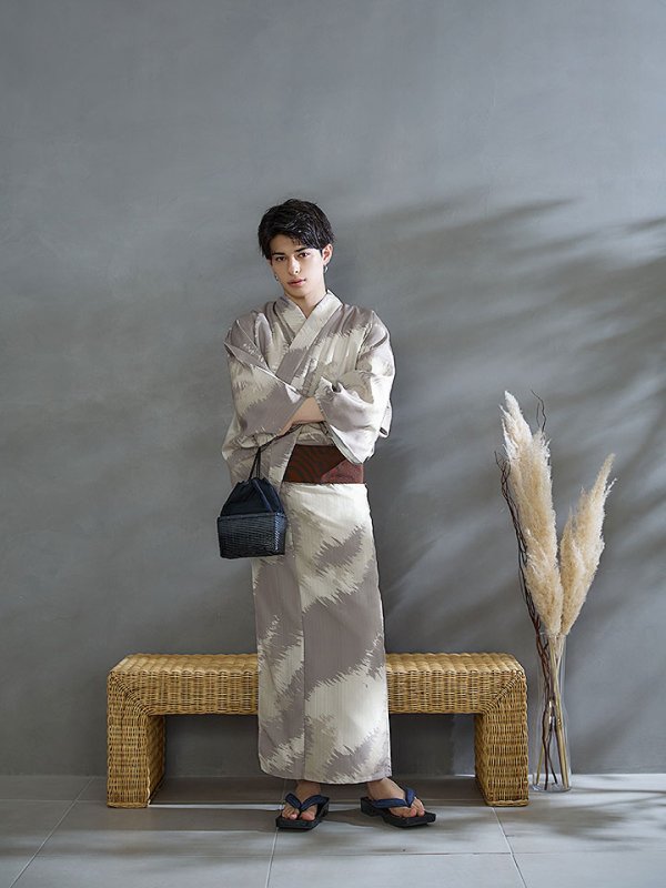 画像8: 【即日発送！】【メンズ浴衣】グレージュモザイク柄浴衣【浴衣３点セット 浴衣/帯/下駄】[YMT]