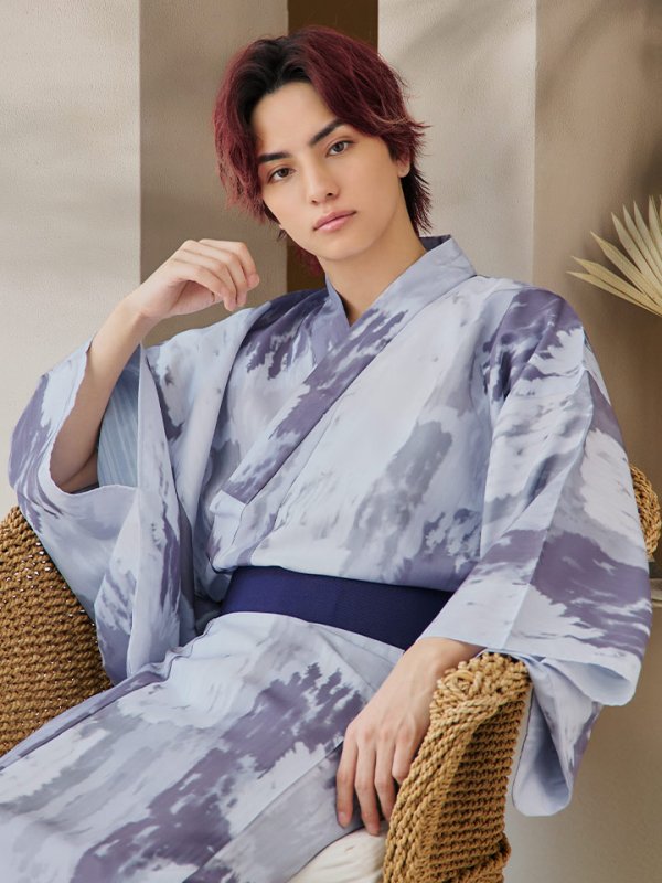 画像9: 【即日発送！】【メンズ浴衣】くすみブルーグレーモザイク柄浴衣【浴衣３点セット 浴衣/帯/下駄】[YMT]