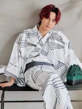 【即日発送！】【メンズ浴衣】ホワイト×ブラック線画浴衣【浴衣・帯・下駄セット】OBI-MS-004-wk-1-B [YMT]