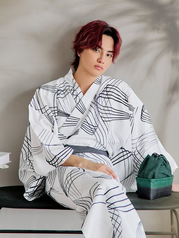 画像11: 【即日発送！】【メンズ浴衣】ホワイト×ブラック線画浴衣【浴衣３点セット 浴衣/帯/下駄】[YMT]