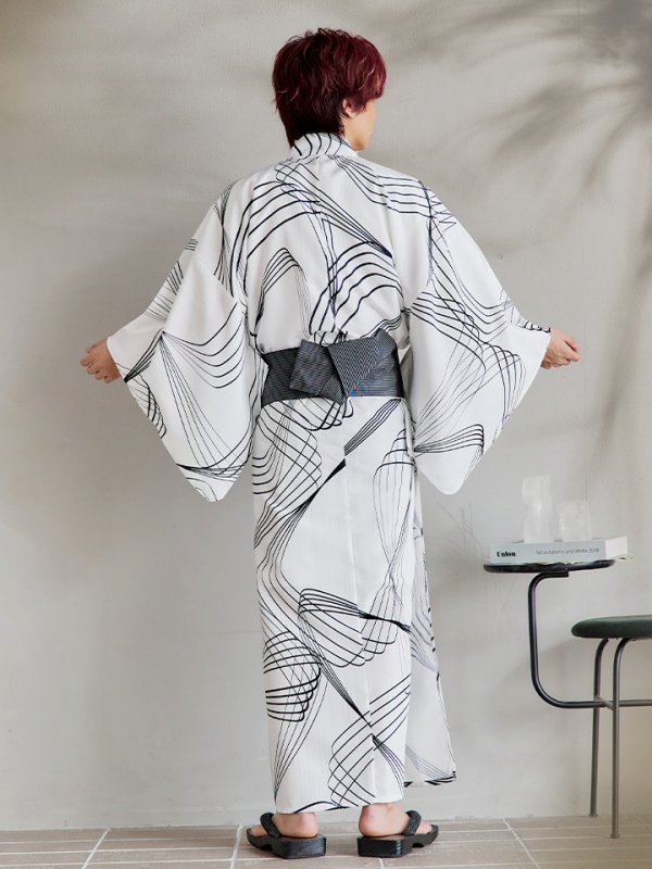 画像13: 【即日発送！】【メンズ浴衣】ホワイト×ブラック線画浴衣【浴衣３点セット 浴衣/帯/下駄】[YMT]