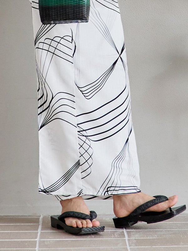 画像15: 【即日発送！】【メンズ浴衣】ホワイト×ブラック線画浴衣【浴衣３点セット 浴衣/帯/下駄】[YMT]