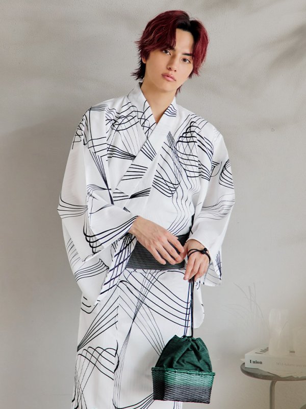 画像3: 【即日発送！】【メンズ浴衣】ホワイト×ブラック線画浴衣【浴衣３点セット 浴衣/帯/下駄】[YMT]