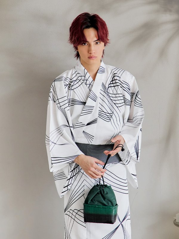 画像8: 【即日発送！】【メンズ浴衣】ホワイト×ブラック線画浴衣【浴衣３点セット 浴衣/帯/下駄】[YMT]