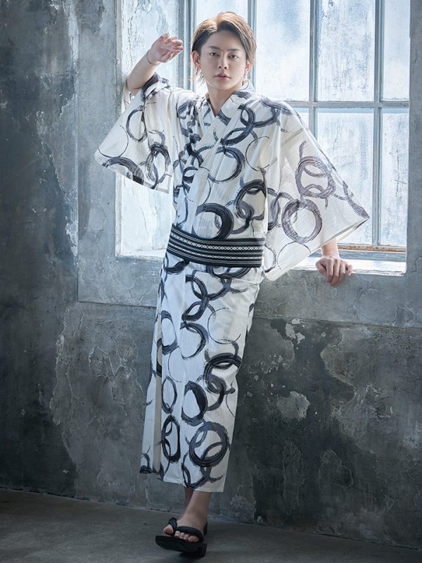 画像4: 【即日発送】【メンズ浴衣】白地に水墨柄【浴衣３点セット 浴衣/帯/下駄】[YMT]