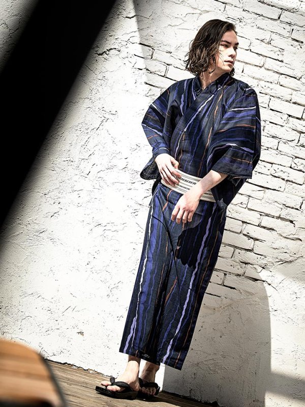 画像3: 【即日発送】【メンズ浴衣】ストライプ柄浴衣【浴衣３点セット 浴衣/帯/下駄】[YMT]