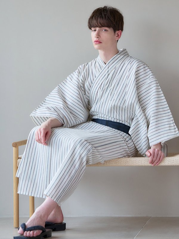 画像10: 【即日発送】【メンズ浴衣】白地にトリコロールカラーのストライプ紳士浴衣【浴衣３点セット 浴衣/帯/下駄】[YMT]