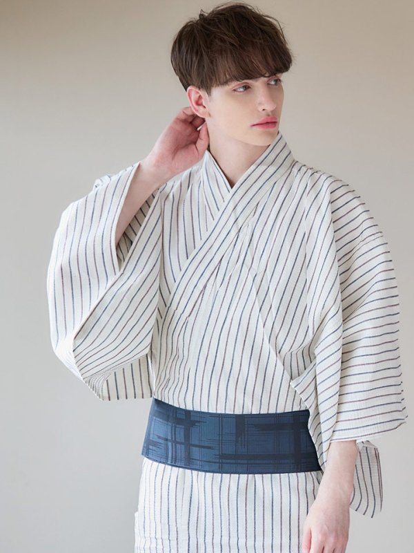 画像11: 【即日発送】【メンズ浴衣】白地にトリコロールカラーのストライプ紳士浴衣【浴衣３点セット 浴衣/帯/下駄】[YMT]