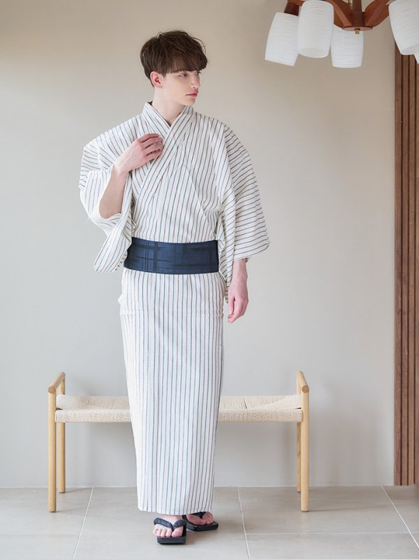 画像4: 【即日発送】【メンズ浴衣】白地にトリコロールカラーのストライプ紳士浴衣【浴衣３点セット 浴衣/帯/下駄】[YMT]