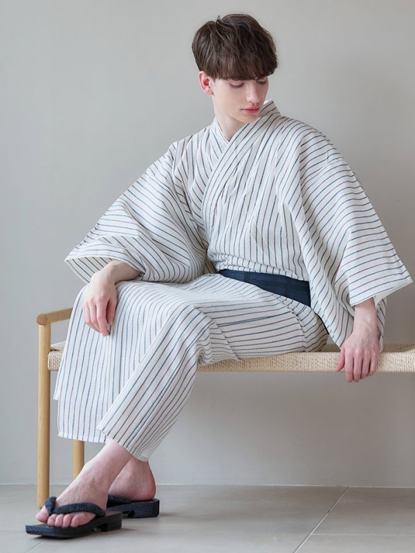 画像6: 【即日発送】【メンズ浴衣】白地にトリコロールカラーのストライプ紳士浴衣【浴衣３点セット 浴衣/帯/下駄】[YMT]