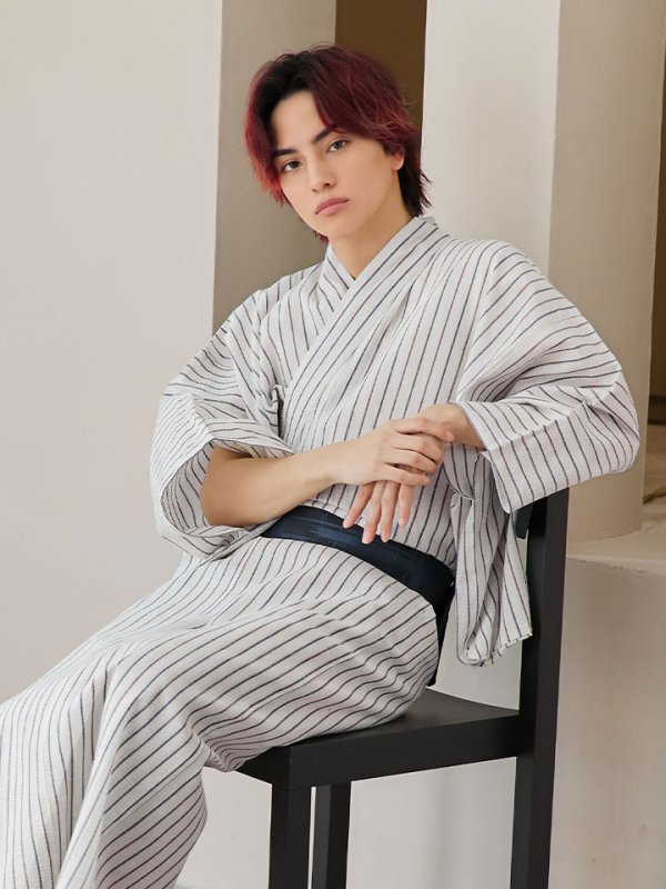 画像14: 【即日発送】【メンズ浴衣】白地にトリコロールカラーのストライプ紳士浴衣【浴衣３点セット 浴衣/帯/下駄】[YMT]