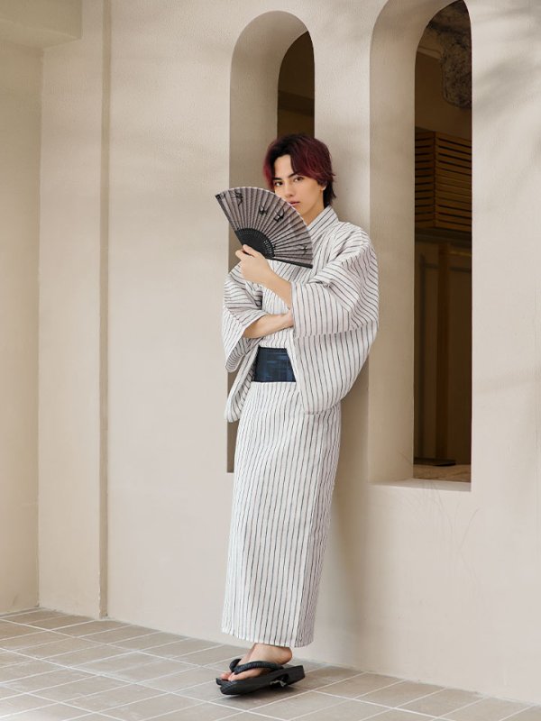 画像18: 【即日発送】【メンズ浴衣】白地にトリコロールカラーのストライプ紳士浴衣【浴衣３点セット 浴衣/帯/下駄】[YMT]