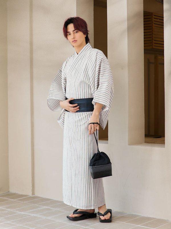 画像4: 【即日発送】【メンズ浴衣】白地にトリコロールカラーのストライプ紳士浴衣【浴衣３点セット 浴衣/帯/下駄】[YMT]