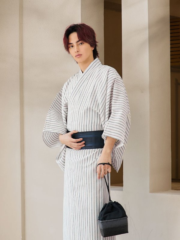 画像5: 【即日発送】【メンズ浴衣】白地にトリコロールカラーのストライプ紳士浴衣【浴衣３点セット 浴衣/帯/下駄】[YMT]