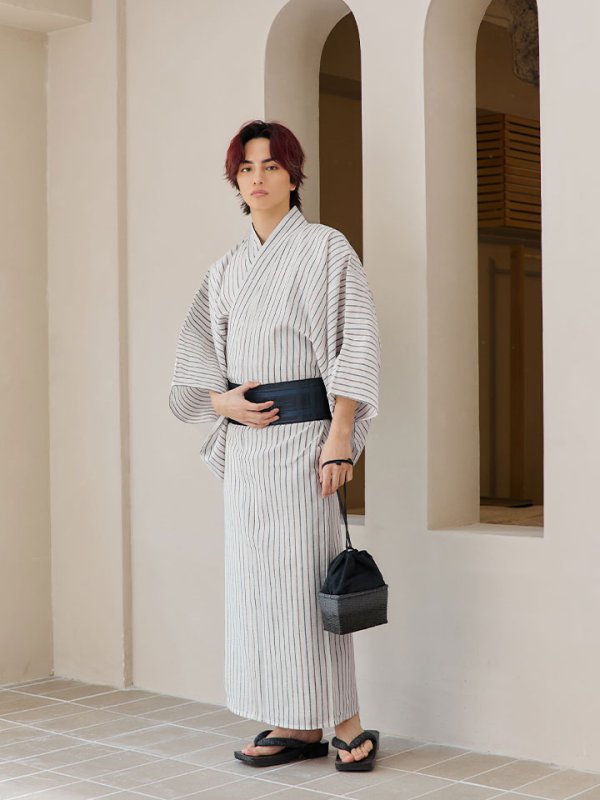 画像6: 【即日発送】【メンズ浴衣】白地にトリコロールカラーのストライプ紳士浴衣【浴衣３点セット 浴衣/帯/下駄】[YMT]