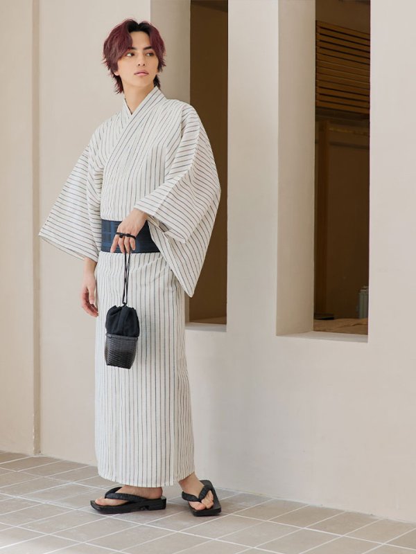 画像8: 【即日発送】【メンズ浴衣】白地にトリコロールカラーのストライプ紳士浴衣【浴衣３点セット 浴衣/帯/下駄】[YMT]