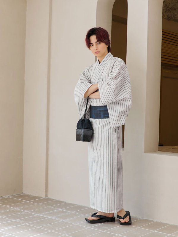 画像9: 【即日発送】【メンズ浴衣】白地にトリコロールカラーのストライプ紳士浴衣【浴衣３点セット 浴衣/帯/下駄】[YMT]