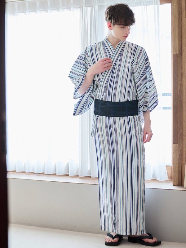 画像4: 【即日発送】【メンズ浴衣】白地にスタイリッシュなストライプ紳士浴衣【浴衣３点セット 浴衣/帯/下駄】[YMT]