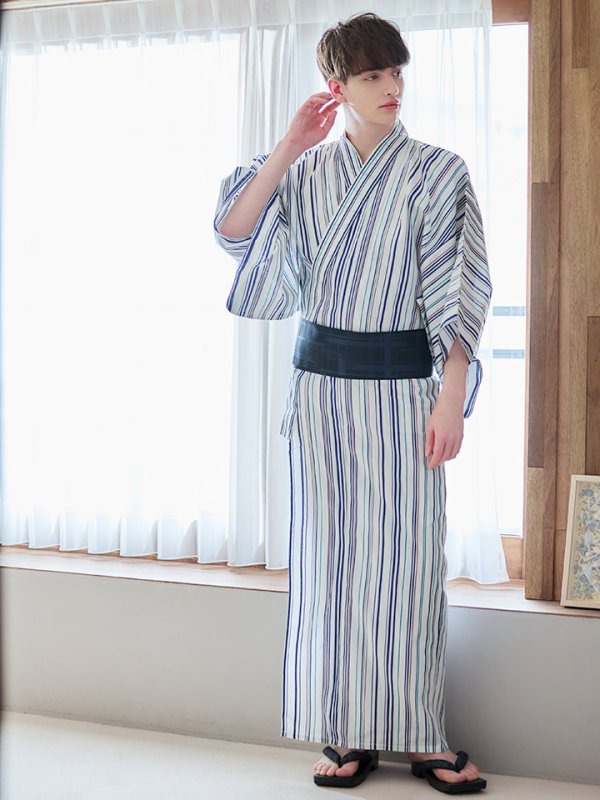 画像7: 【即日発送】【メンズ浴衣】白地にスタイリッシュなストライプ紳士浴衣【浴衣３点セット 浴衣/帯/下駄】[YMT]