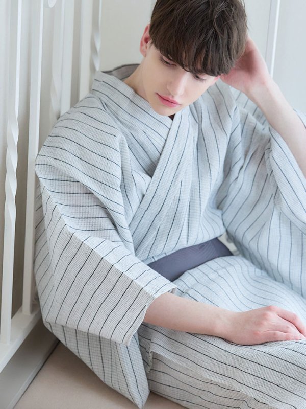 画像1: 【即日発送】【メンズ浴衣】清涼感あふれるしじら織ストライプ紳士浴衣【浴衣・帯・下駄セット】（OBI-MS-001-ok-3-GY）[YMT]