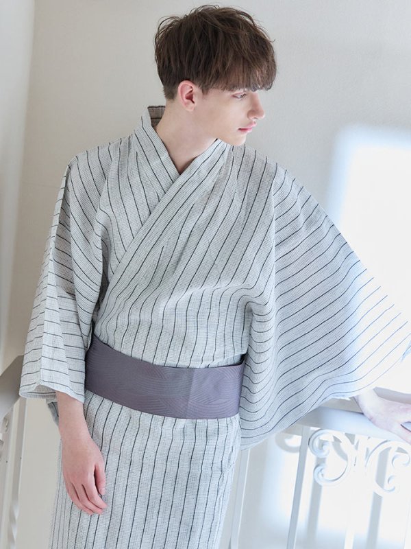 画像3: 【即日発送】【メンズ浴衣】清涼感あふれるしじら織ストライプ紳士浴衣【浴衣３点セット 浴衣/帯/下駄】[YMT]