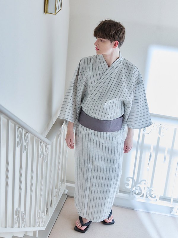 画像7: 【即日発送】【メンズ浴衣】清涼感あふれるしじら織ストライプ紳士浴衣【浴衣３点セット 浴衣/帯/下駄】[YMT]